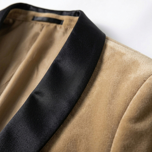 Camel Tan <b>Velvet</b> <b>Dinner</b> <b>Jacket</b> <b>Men</b> Sand Beige Tone Black Satin Shawl Lapel Single Button Blazer - Product Image 5
