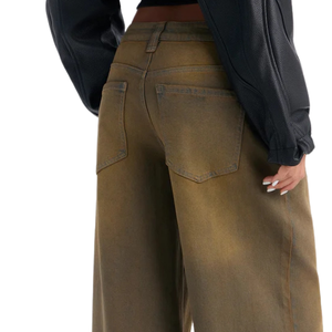 Jean en denim marron respirant pour femme, coupe ample et large, délavé style vintage, décontracté, longueur intégrale, avec clous en strass, cinq poches, collection automne - Product Image 4