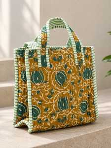 Sac fourre-tout en coton matelassé bohème avec motif floral vert, poignées rayées, fermeture éclair, toutes saisons, sac de plage pour femmes, sac de shopping - Product Image 2