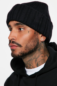 Premium <b>Mens</b> Black Ribbed Knit Beanie <b>Hat</b> Folded Cuff <b>Winter</b> Cap Soft Stretch Solid Color Casual Outdoor Headwear for Daily Wear - Product Image 2