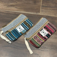 Dompet rami buatan tangan awet ramah lingkungan Chevron pola tenun kantong ritsleting untuk uang tunai & koin kecil dompet Mini dengan tali pergelangan tangan