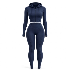 Conjunto de yoga para mujer, color azul marino, con sudadera con cremallera, top corto de manga larga, leggings de cintura alta, ropa deportiva para gimnasio, fitness y entrenamiento, conjunto de dos piezas. - Product Image 1