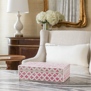 Caja de Joyería Rectangular Clásica de Lujo, Hecha de Hueso Sólido y Resina, con Patrón Cuadrado y Relieve, Estilo Indio - Product Image 2