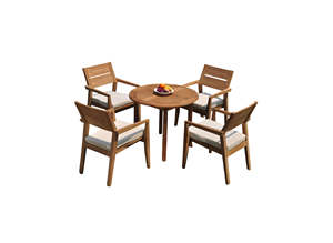 Ensemble de patio en teck massif moderne et durable de luxe pour l'extérieur, table ronde et 4 chaises avec coussins crème - Product Image 3