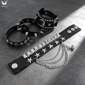 Good Seller Adjustable Black PU Leather <b>Bracelet</b> <b>Set</b> With Metal Star Chain Rivet Stud Design Unisex Fashion Wrist Accessories - Product Image 3