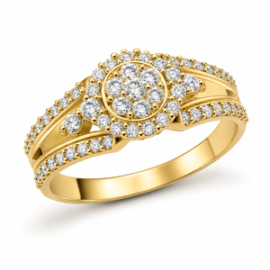 Floral Cluster Diamond Vintage IGI Certified Engagement <b>Ring</b> Brilliant Multi Stone Halo <b>Split</b> Shank Yellow Gold Anniversary Gift - Product Image 1