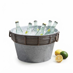 Bac à vin vintage galvanisé en gros, seau à glace ovale en métal, bac à boissons avec poignées, seau à bière côtelé pour la vente - Product Image 5