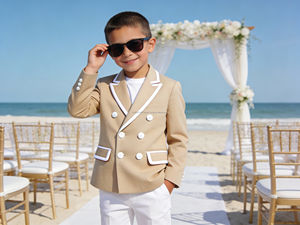 Costume de blazer double boutonnage violet pour garçons avec passepoil blanc |   Veste de cérémonie et de fête pour enfants - Product Image 4