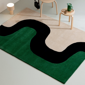 Tapis moderne abstrait vert à blocs de couleur, tissé à la main en laine, tapis contemporain minimaliste pour salon et chambre, antidérapant - Product Image 1