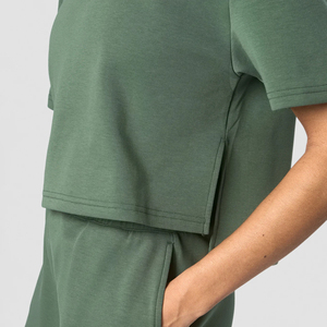 T-shirt court vert pour femme, manches courtes, col rond, couleur unie, coupe décontractée, 100 % coton tricoté, respirant, pour le printemps et l'été - Product Image 5