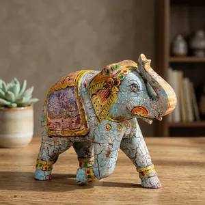 Figurine d'éléphant en bois peinte vintage, statue d'animal artisanale, décoration de table pour console, table basse, chambre à coucher, salon - Product Image 5