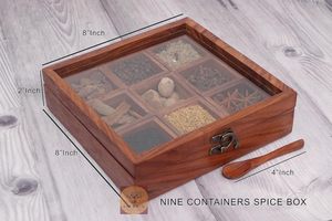 Caja de Especias de Madera con 9 Compartimentos para Hierbas y Especias, Diseño Tallado Tradicional, Organizador de Cocina - Product Image 2