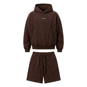 Ensemble survêtement décontracté pour homme en coton personnalisé avec sweat à capuche et short à cordon de serrage, poches latérales courtes, coupe ample, style streetwear printemps - Product Image 3
