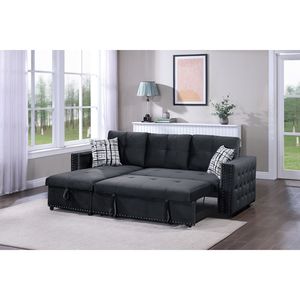Divano Sezionale 2 Pezzi in Velluto Nero con Letto Estraibile, Chaise Longue Contenitore e Dettagli Trapuntati, Reversibile, per Soggiorno - Product Image 1