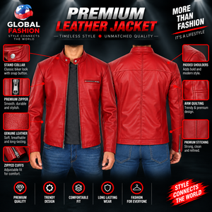 <b>Men's</b> <b>Red</b> PU <b>Leather</b> Moto <b>Jacket</b> Slim Fit Stand Collar Zipper Closure Biker Style Autumn Wear - Product Image 6