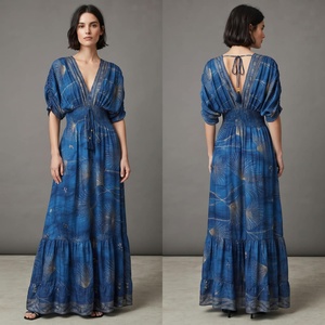 <b>Boho</b> Maxi <b>Dress</b> <b>Women</b> V Neck Puff Sleeve Elastic Waist Backless Ruffle Tiered Floral Summer <b>Dress</b> - Product Image 2