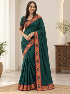 Women's Green Cotton <b>Saree</b> With <b>Red</b> And Yellow Border Traditional Indian Wear For Wedding All Seasons Regular Fit Floor Length - Product Image 2
