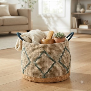 Panier à linge rond en jonc de mer naturel fait main, panier de rangement tressé, organisateur de maison écologique personnalisé, commande en gros - Product Image 6