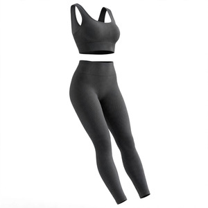 Women's Custom Color Ribbed Yoga Set Square Neck Racerback Sports Bra High Waist Full Length <b>Leggings</b> <b>Seamless</b> Breathable - Product Image 6