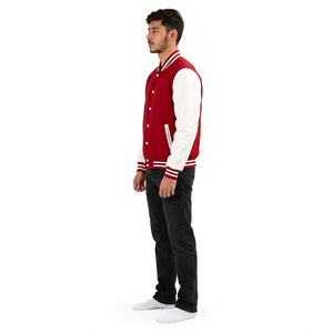 Chaqueta Varsity para Hombre en Color Rojo con Bloques de Color, Mangas Blancas, Cuello a Rayas, Cierre de Botones, Estilo Deportivo - Product Image 5