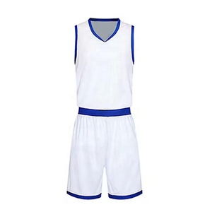 Men Basketball Uniform Set Printed 100% <b>Polyester</b> White Blue Trim Sleeveless Jersey <b>Shorts</b> Team Sports Kit Custom Name Number - Product Image 1