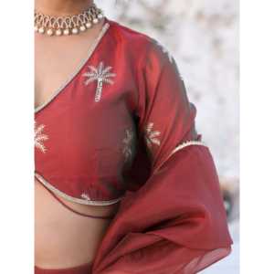 Ensemble Lehenga en mousseline de soie marron avec haut à manches trois-quarts, taille XS, imprimé feuille d'arbre - Product Image 4