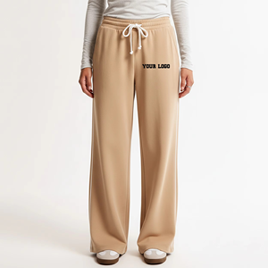 MEYBA SPORTS Women's Beige Wide Leg Sweatpants Premium Heavyweight Fabric (280g) <b>Elastic</b> Drawstring Waist Comfortable Casual - Product Image 4
