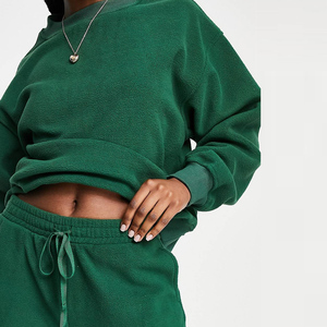 Women Plus Size Green Solid <b>Tracksuit</b> Set Crew Neck Full Sleeve Loose Fit Drawstring Pants Casual Autumn Wear - Product Image 4