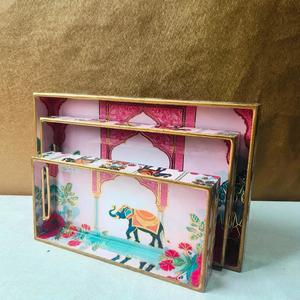 Juego de bandejas nido de MDF con estampado floral esmaltado para regalos de Navidad, decoración del hogar, desayuno, bodas y inauguración de casas. - Product Image 1