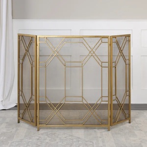 Écran de cheminée en métal au design géométrique Art Déco avec panneaux en maille pliables, protection décorative contre les étincelles, couvercle de foyer autoportant - Product Image 2