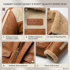 Veste en cuir pour homme avec col en fourrure de mouton véritable, style vintage, aviateur, bombardier, avec empiècements contrastants couleur crème camel et cognac - Product Image 6