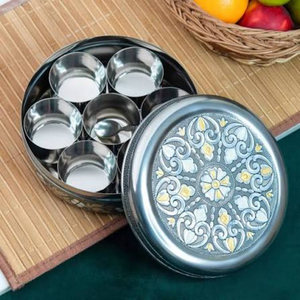 Multi colour Brass Spice <b>Box</b> with 7 Compartments & Spoon Traditional Decal Printed Masala Dabba For Luxury Kitchen Decor & India - Product Image 3