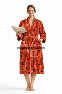 ชุดกิโมโนกำมะหยี่สีส้มไหม้ลายดอกไม้สุดหรูสำหรับผู้หญิง งานแฮนด์เมด ชุดคลุมลำลองสำหรับใส่ตอนเช้าช่วงฤดูร้อน คอวี - Product Image 6