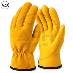 Gants de conduite en cuir jaune doré, finition lisse, poignet élastique, paume intégrale, pour hommes, avec impression de logo personnalisé, gants de travail robustes - Product Image 2