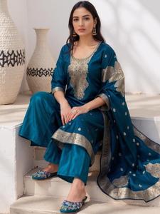 Teal Silk Embroidered <b>Kurta</b> Set With Dupatta Traditional <b>Indian</b> Wedding Wear Women Knee-Length Regular Fit Diwali Dress - Product Image 1