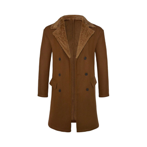 Manteau d'hiver pour homme en laine marron, double boutonnage, col à revers cranté, col en fourrure, longueur genou - Product Image 1