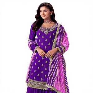 ชุดชาราร่าแบบดั้งเดิมของ RN พร้อมงานปักแบบอินเดีย ทรงสลิมฟิตสำหรับฤดูหนาว ผ้าไม่ยับ ป้องกันแสงแดด ความยาวปานกลาง - Product Image 1