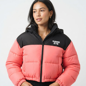 Women's Quilted <b>Cropped</b> <b>Puffer</b> <b>Jacket</b> Block Color Hooded Zipper Front Logo Winter Warm Short Length Full Sleeve - Product Image 1