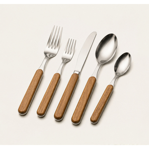 Ensemble de couverts en acier inoxydable avec manches en bois naturel, finition polie miroir, écologique, pour dîners élégants et mariages - Product Image 1