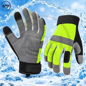 Hi Visibility Yellow Mechanics Work <b>Gloves</b> Grey Suede Leather Reinforced Palm Hook Loop Wrist Band Reflective Working <b>Gloves</b> - Product Image 6