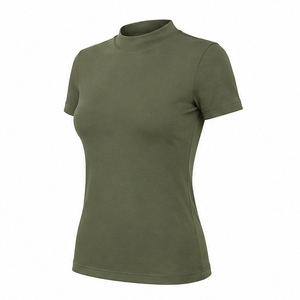 Customize <b>Olive</b> <b>Green</b> Womens Fitted Stretch Fit Mock Neck Short Sleeve <b>T</b> <b>Shirt</b> Breathable Cotton Modal Jersey WMNTS-0012 - Product Image 3