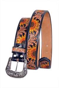 Ceinture en cuir western de qualité supérieure avec motif tournesol, boucle argentée, design floral peint à la main, boucle amovible - Product Image 3