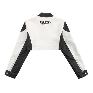 Firstly Women's Moto <b>Jacket</b> <b>White</b> Black Contrast Cropped Biker Style Zipper Closure Turn-down Collar Autumn Wear - Product Image 2
