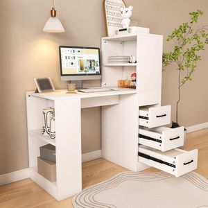 White <b>Wooden</b> <b>Computer</b> <b>Desk</b> with 4-in-1 Socket 3 Slide Drawers and 4 Storage Levels Versatile for Various Places - Product Image 1