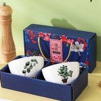 Lot de 2/4/6 bols en céramique blanche de 4,5 pouces, peints à la main, motif feuille verte, emballage cadeau, écologiques et étanches