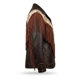 Asymmetric Diagonal Panel <b>Womens</b> Western <b>Leather</b> <b>Jacket</b> Lapel Collar Cowhide Hair On Hide <b>Brown</b> Fringe Country Outerwear - Product Image 3