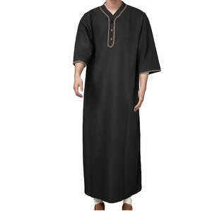 Robe ethnique pour le Ramadan, vêtement islamique Jubbah, Thobe, Jubba, Thawb pour musulmans, couleur noire, en coton respirant, Kaftan Thobe - Product Image 1