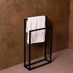 Porte-serviettes autoportant minimaliste 71 cm en acier noir à double barre, support mural fixe pour salle de bain - Product Image 6