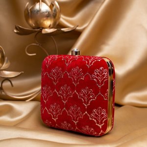 Bright <b>Red</b> Based Golden <b>Sequins</b> Embroidery Clutch Bag Elegant Designer Evening Purse for Women Events - Product Image 2