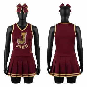 Premium 220 GSM Polyester Spandex Cheerleading Uniform Burgundy Gold Trim Pleated <b>Skirt</b> Custom Sequin Logo Teamwear Outfit - Product Image 1